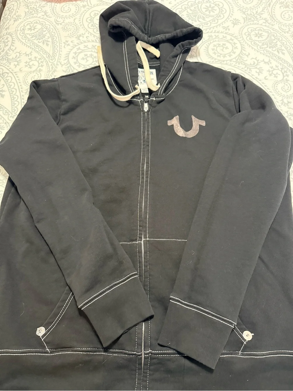 True Religion Black Zip Front Hoodie with Cream Drawstring